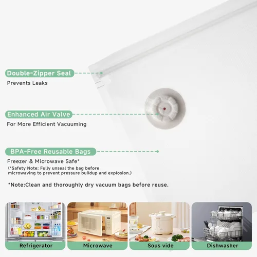 Miniatura 5 de Mehomeli Sellador al vacío compacto para alimentos (máquina selladora al vacío + 20 bolsas de vacío reutilizables), potente máquina selladora al