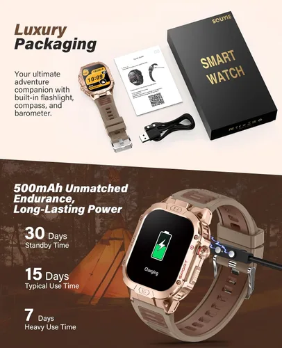 Miniatura 8 de Relojes inteligentes de grado militar SOUYIE para hombres con linterna LED, monitor de presión arterial/frecuencia cardíaca/SpO2/sueño, batería
