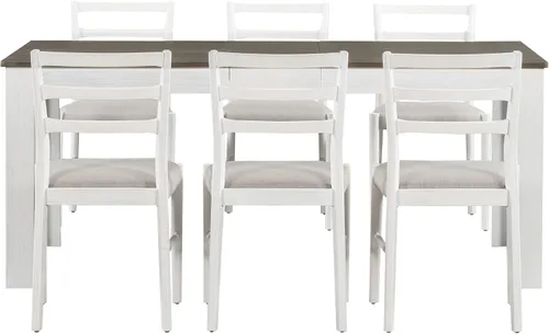 Miniatura 8 de Juego de mesa de comedor de madera de 7 piezas, mesa extensible multifuncional con hojas de 12 pulgadas y 2 cajones, 6 sillas de comedor con cojín