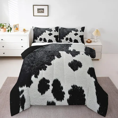 Miniatura 14 de Juego de edredón con estampado de vaca marrón para niñas y niños, edredón de plumón de piel de vaca de las tierras altas, ropa de cama de piel