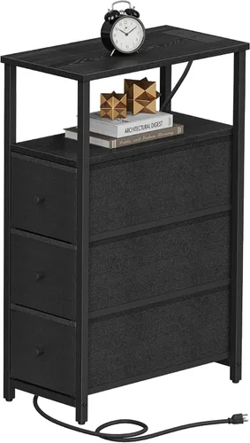 Miniatura 18 de TUTOTAK - Mesa auxiliar pequeña y estrecha con estación de carga; mesa de lado con tomas de corriente; mesita de noche con 2 cajones de tela; mesa