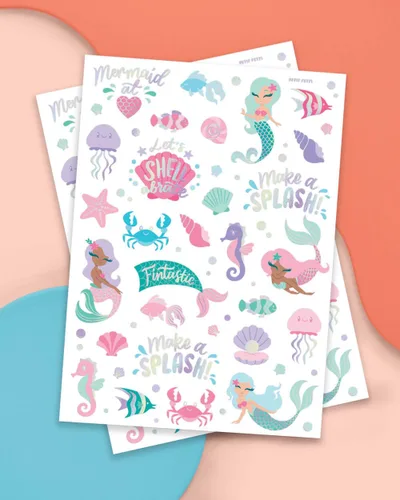 Miniatura 2 de xo, Fetti Tatuajes temporales de sirena bajo el mar, 56 estilos de aluminio iridiscentes, suministros para fiestas de cumpleaños para niños