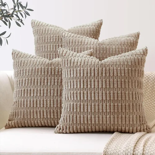 Miniatura 13 de OTOSTAR Juego de 4 fundas de almohada decorativas de pana suave de 16 x 16 pulgadas, fundas de almohada cuadradas a rayas bohemias para decoración
