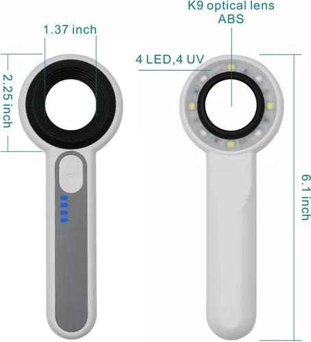 Miniatura 8 de Lupa de mano 60X con luces UV y LED, lupa con lente óptica de 1.181 in, control de luz táctil, indicador LED de batería, lupa recargable
