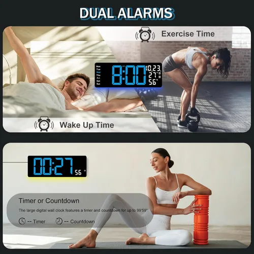 Miniatura 6 de JoFomp Reloj de pared digital grande de 17.3 pulgadas, reloj digital LED con control remoto, reloj despertador