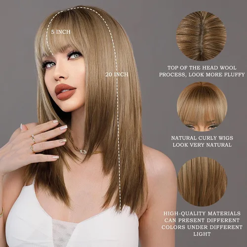Miniatura 2 de 7JHH WIGS - Peluca de 20 pulgadas de cabello largo y liso con flequillo y corte en capas, tinte natural con cola de cabello marrón y raíces