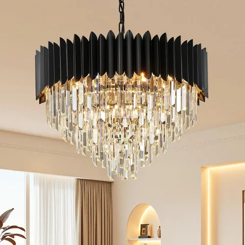 Miniatura 15 de Candelabro de cristal negro de 20 pulgadas, K9, luces colgantes redondas, ajustables, de 4 niveles, gran lámpara de cristal moderna, 6 luces