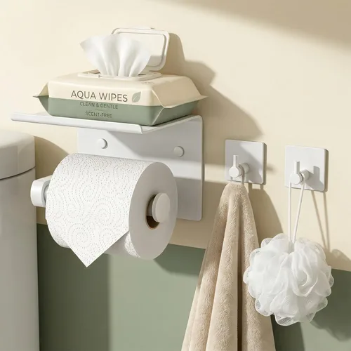Tindbea Soporte de papel higiénico con estante para teléfono + ganchos para toallas, dispensador adhesivo o con tornillos montado en la pared para