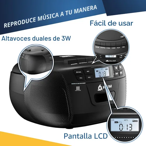 Miniatura 6 de KLIM Reproductor de CD y Reproductor de Cinta de Casete con Estuche, Boombox Bluetooth, Radio AM/FM, Sonido Estéreo, Control Remoto, Combo de CD
