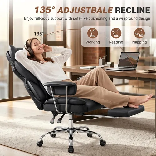 Miniatura 6 de ALLGOD Silla de oficina cómoda, silla ejecutiva grande y alta, silla ancha ergonómica de respaldo alto con reposapiés, silla de escritorio Negro