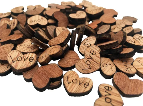 100 paquetes de artesanías decorativas de madera rústica con forma de corazón de amor, corazones de amor grabados, decoración de mesa de boda para
