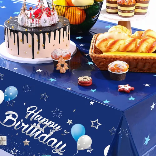Miniatura 6 de Tegeme Suministros de Fiesta Azul Marino Manteles de Feliz Cumpleaños con Estrellas Confeti Estrellado Cubiertas de Mesa para Niños Niñas Baby Azul