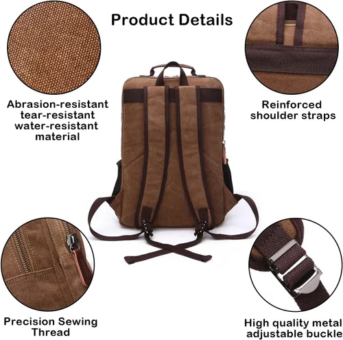 Miniatura 3 de Mochila de lona vintage, mochila resistente para senderismo y campamento, mochila casual para hombres y mujeres, se adapta a portátiles de 15.6 Café