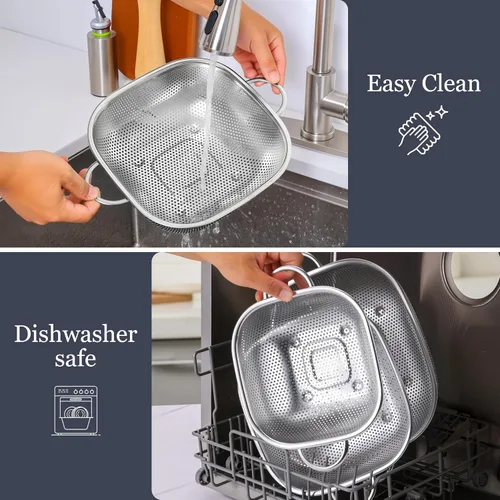 Miniatura 6 de E-far Paquete de 3 coladores para cocina, colador cuadrado de metal de acero inoxidable con asa para drenar alimentos, pasta, verduras