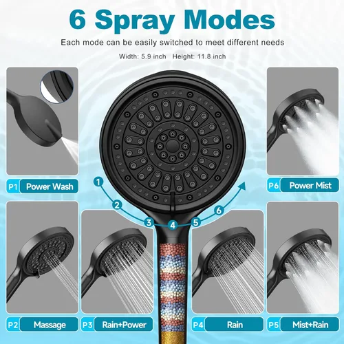 Miniatura 3 de Cabezal de ducha de mano con filtro JITTGO, cabezal de ducha de mano de 15 cm de alta presión con filtros para agua dura, cabezal de ducha Mate negro