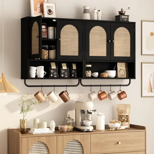 Miniatura 8 de RUSTOWN Gabinete de pared de ratán para baño, gabinete de medicina Boho con 2 puertas arqueadas, gabinetes de almacenamiento sobre el inodoro