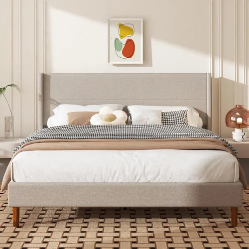 Miniatura 11 de Base de cama de tamaño matrimonial, plataforma tapizada de lino con cabecera con respaldo de ala, soporte de listones de madera, no necesita somier