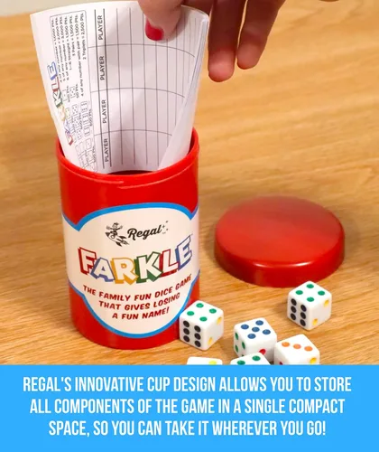 Miniatura 5 de Regal Games - Juego de dados clásico Farkle con 6 dados de colores, 1 conveniente cubilete para agitar fácilmente y 25 hojas de puntaje - Juego