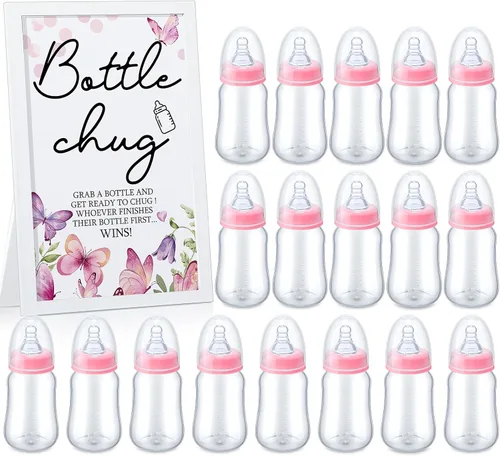 Miniatura 20 de Roowest Bottle Chug Baby Shower Games Favores que incluyen 18 botellas con 1 botella de chug de madera para revelación de género y suministros