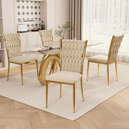 Miniatura 37 de Juego de 2 sillas de comedor de terciopelo, modernas sillas de cocina tejidas con patas de metal dorado, cojín tapizado con respaldo alto