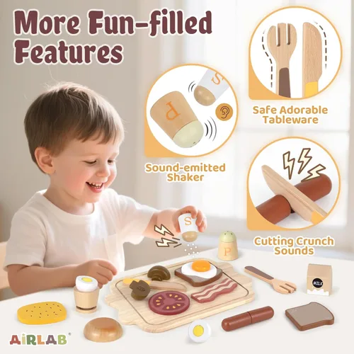 Miniatura 5 de Airlab - Comida de juguete para niños pequeños de 3 a 5 años, juego de cocina de simulación, juego de desayuno, alimentos para cortar, juguete