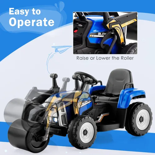 Miniatura 2 de HONEY JOY Coche de paseo eléctrico de 12 V con control remoto, tractor de batería para niños pequeños con rodillo de tambor ajustable, bocina y Azul