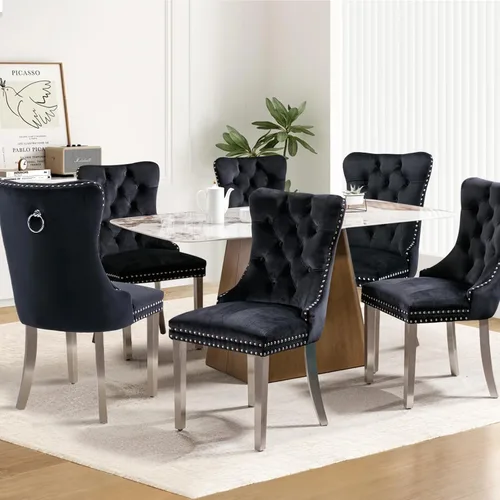 Miniatura 80 de Juego de 2 sillas de comedor tapizadas de tela de lino, sillas de cocina modernas de mediados de siglo con respaldo alto, ribete de cabeza de clavo