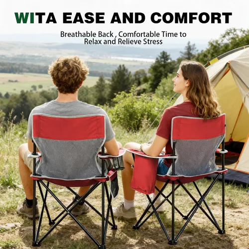 Miniatura 5 de Silla plegable portátil para exteriores con portavasos y bolsa enfriadora, malla transpirable, reposabrazos anchos, diseño ergonómico para 01-rojo