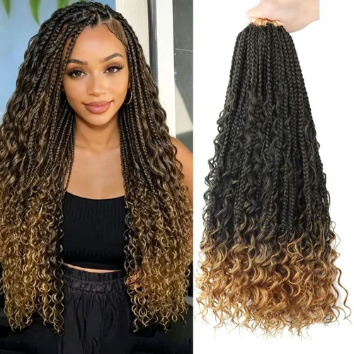Miniatura 18 de LMZIM 18 Pulgadas Trenzas de Caja Bohemias 8 Paquetes Trenzas de Caja de Diosa Bohemia Cabello de Ganchillo con Puntas Rizadas Cabello de Ganchillo