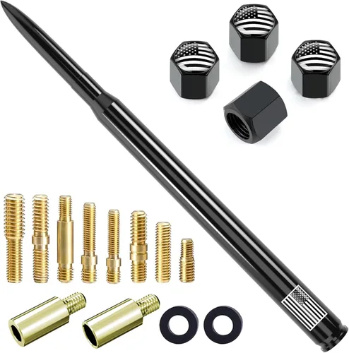 Miniatura 10 de Antena de camión para automóvil con tapas de válvula de neumáticos, bandera estadounidense, repuesto corto universal para GMC Sierra, Chevy, Negro