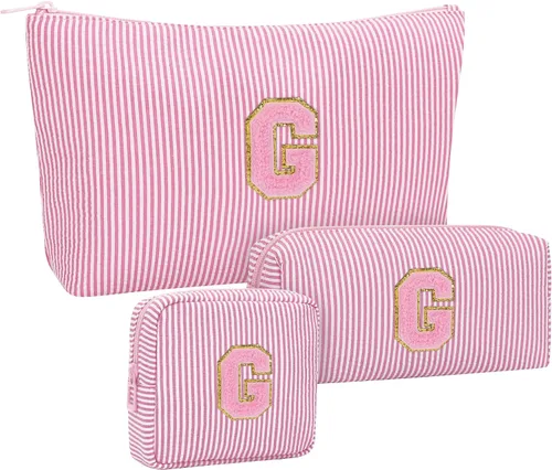 Miniatura 38 de Juego de bolsas de maquillaje con iniciales para niñas y mujeres, bolsa de cosméticos con monograma con soporte para cepillos, estuche de maquillaje