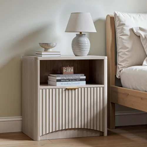 Miniatura 17 de Evermagin Mesita de noche acanalada, mesita de noche de roble natural con cajón y almacenamiento, mesa auxiliar de madera moderna de mediados