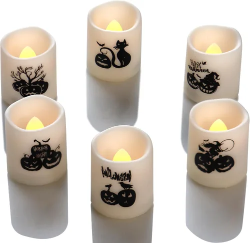 Velas votivas sin llama con temporizador, luces LED con temporizador automático de ciclo diario integrado, calcomanías de calabaza para decoraciones