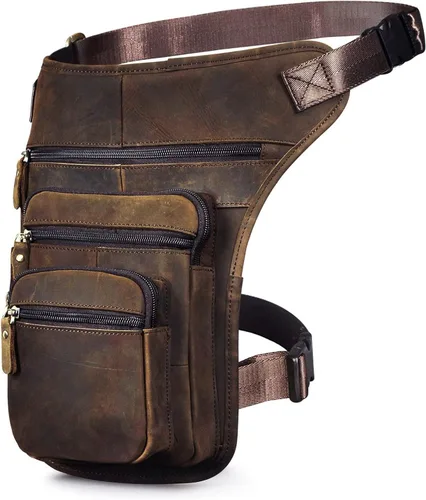 Le'aokuu Riñonera táctica de cuero genuino para hombre, riñonera, pierna caída, cruzada, bolsa, 3111 A Marrón, Hip Bum - Bolsa para muslos y piernas