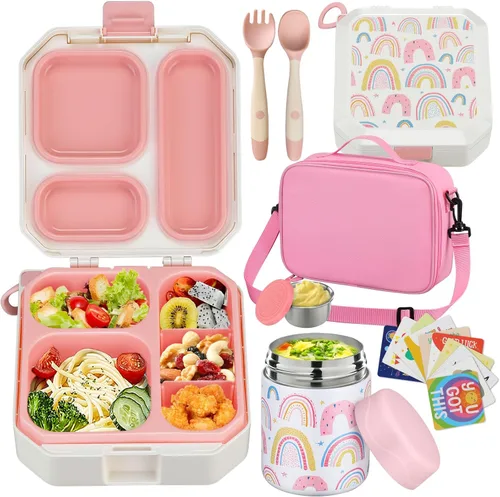 Miniatura 14 de wiwens Lonchera Bento para Niños con Termo para Sopa de 12 oz a Prueba de Fugas, Contenedor de Comida para Almuerzo con 5 Compartimentos, Frasco