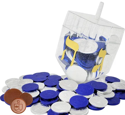 Miniatura 8 de The Dreidel Company 2 paquetes de Dreidel rellenos con monedas de Hanukkah Gelt azules y plateadas, 10 monedas de Hanukkah Gelt por Dreidel, total