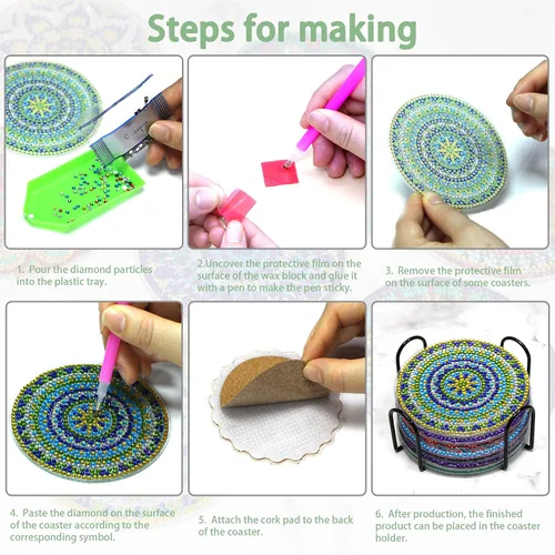 Miniatura 6 de UiSdfuy 8 posavasos de diamante con soporte, kits de arte de diamantes para adultos, niños y principiantes, suministros de manualidades de bricolaje