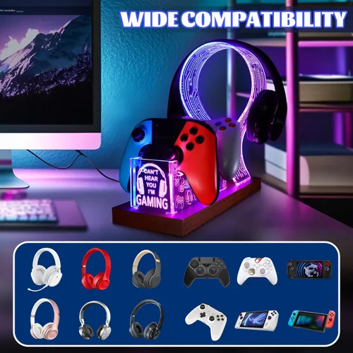 Miniatura 3 de YuanDian Gamer Gifts for Teenage Boy, Can't Hear You I'm Gaming Headset and Controller Stand, Acrylic Wooden Controller Holder with Blue Pink LED