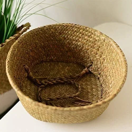 Miniatura 3 de INSO Cesta tejida natural para el vientre, para pícnic y comestibles. Cesta plegable de almacenamiento de algas marinas con asas para plantas