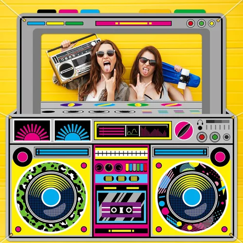 Miniatura 5 de Radio de tela Boombox - Accesorios para cabina de fotos para decoraciones de fiesta de los años 90 y 80, 59 x 59 pulgadas, pancarta colgante