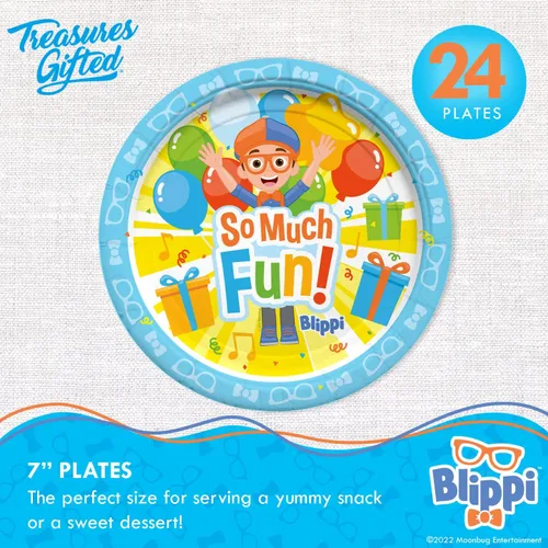 Miniatura 2 de Treasures Gifted Platos de postre Blippi con licencia oficial de 24 unidades – Platos de fiesta Blippi de 7 pulgadas – Suministros de fiesta