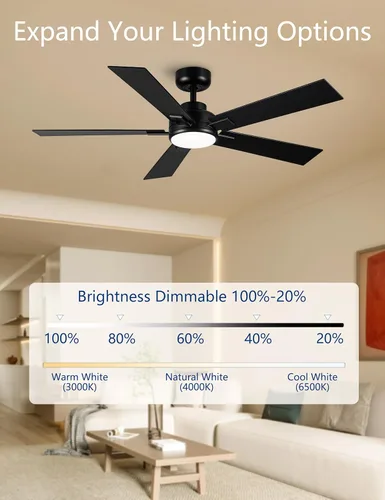 Miniatura 2 de Ventiladores de techo modernos con luces, ventilador de techo negro de 52 pulgadas para exteriores con luz y control remoto, motor CC reversible, 6