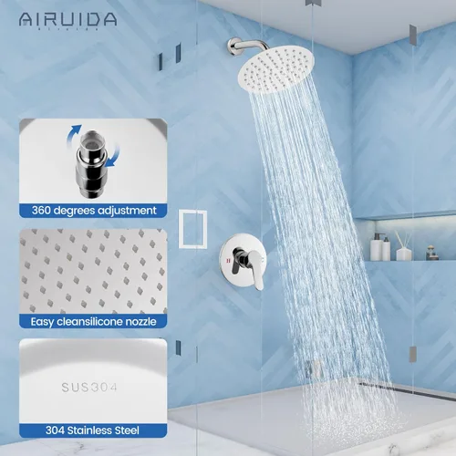 Miniatura 7 de Airuida Juego de grifo de ducha, cabezal de ducha redondo de 8 pulgadas, SUS304 de acero inoxidable de un solo mango, sistema de baño de montaje