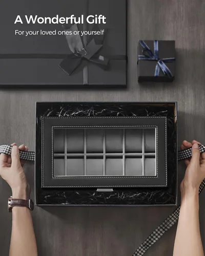Miniatura 7 de SONGMICS Caja de reloj, Organizador de 12 relojes de hombre, Joyero con cerradura y llaves, Negro UJWB012