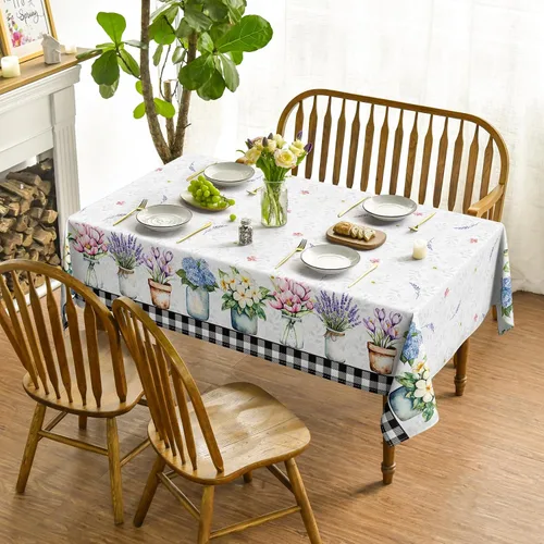 Miniatura 2 de Horaldaily Mantel de primavera y verano de 60 x 84 pulgadas, florero floral de Pascua con tulipán lavanda y hortensias para decoración de fiestas