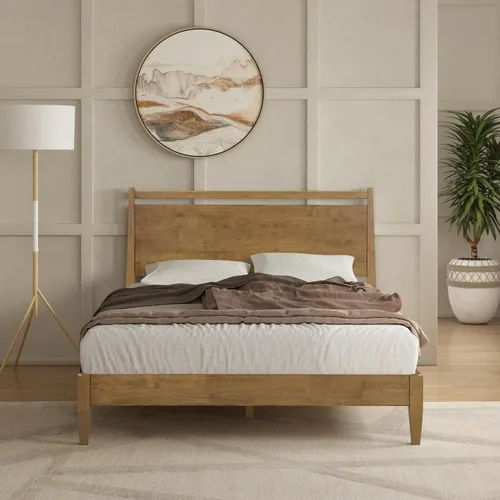 Miniatura 14 de NTC Adept Marco de cama de madera con cabecero, base de madera de roble macizo y caucho con listones silenciosos y soportes centrales de madera
