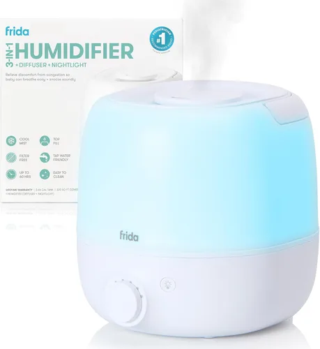 Frida Baby Humidificador de niebla fría 3 en 1 para habitaciones grandes, humidificador de relleno superior para recámara, alivio de alergias, Blanco