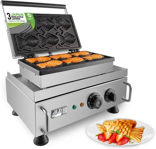 ALDKitchen Taiyaki - Máquina de gofres de pescado | Máquina digital antiadherente comercial de gofres de pescado Taiyaki Gold | Panadero de 6