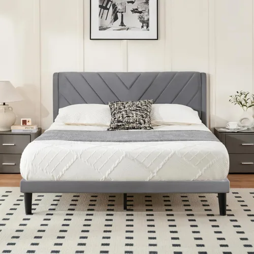 Miniatura 8 de Base de cama de plataforma de tamaño matrimonial con cabecera de terciopelo, borde de ala, listones de madera resistentes, sin ruido, no necesita