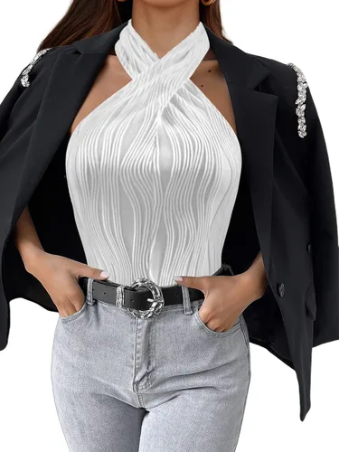 Miniatura 5 de SOFIA'S CHOICE Camiseta sin mangas sexy con cuello halter para mujer, con textura cruzada